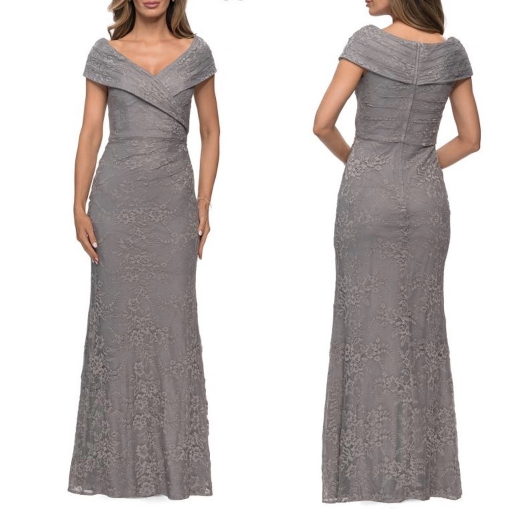 NEW La Femme Portrait Neck Embellished Lace Trumpet Evening Gown in Platinum 4